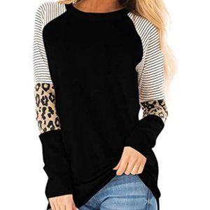 Womens T Shirts Striped Color Leopard Casual Top